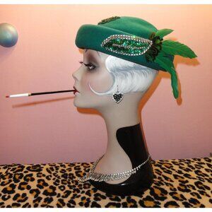 Vintage Bollman Green Wool Pillbox Hat w/ Feathers beads sequins 1960s church